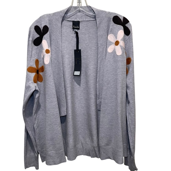 Aaeda Sweaters - Aaeda Floral Applique Open Front Cardigan Sweater Gray Women’s Size XL NWT